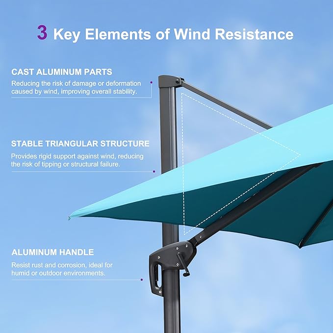 PURPLE LEAF 12FT Cantilever Outdoor Umbrellas Large Patio Umbrella Hanging Double Top Square Offset Umbrella with 360°Rotation Tilting Umbrella Outdoor Patio, Turquoise Blue