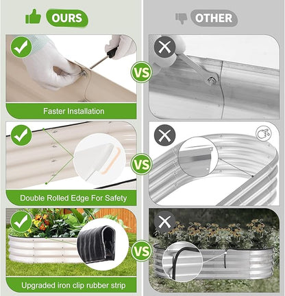 Galvanized Raised Garden Bed - 4x2x1FT Metal Planter Boxes Outdoor | Oval Steel Raised Bed Kit for Gardening with Protective Tape, Gloves for Vegetables, Flower, Herb (White)