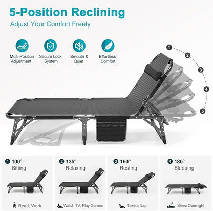 ABORON Tanning Chair, 5-Position Padded Folding Chaise Lounge | 5-position folding chaise lounge supports 500 lb and has a removable cushion and pillow for sunbathing, poolside or patio.