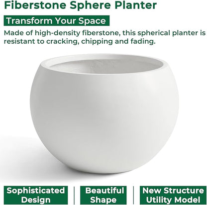 21.3" D Fiberstone Extra Large Planter, 16.6" Pot Opening x 14.8" H, Spherical Flower Pot with Drainage Hole, Weather Resistance Indoor Outdoor Planters, White