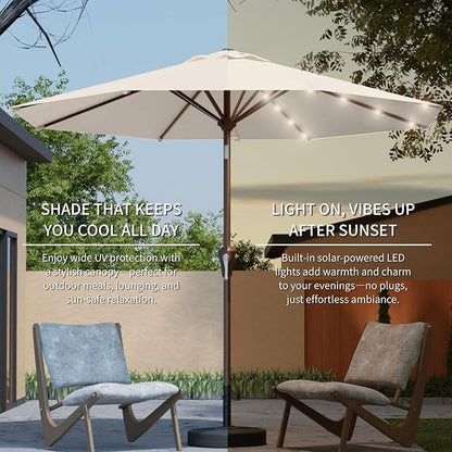 10FT Solar Umbrella 32 LED Lighted Patio Umbrella Table Market Umbrella w/Tilt and Crank, UV-Resistant Outdoor Umbrella for Pool, Garden, Deck, Creamy White
