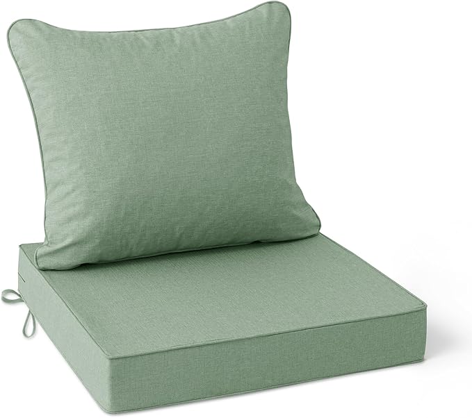 Summsun Outdoor Cushions for Patio Furniture, Faux Linen Water Resistant Backrest and Seat Cushion Set with Removable Cover, Ties, Non-Slip Bottom, 19 x 19 Inch, Sage Green