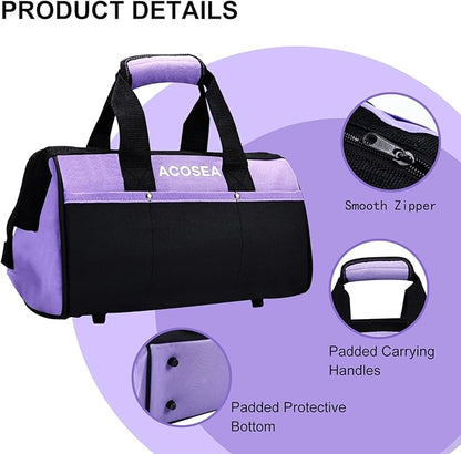 ACOSEA Purple Tool Bag,13 Inch Wide Mouth Open Tool Organizer with 12 Storage Pockets