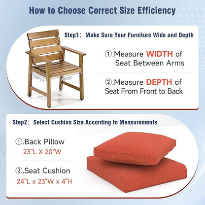Outdoor Chair Cushions 23" x 24" x 4", Patio Deep Seat Replacement Cushions Set with Zippered Removable Cover, Weather-Resistant Olefin Fabric for Garden Chair Sofa Couch, Red