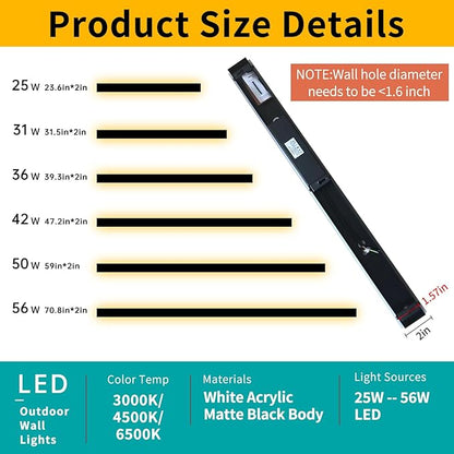 Mikeru 57inch Long LED Wall Light Fixtures, 10%-100% Dimmable Black Exterior Wall Sconces, 3000k-6000k Acrylic Invisible Exterior Wall Light for Porch Modern Outdoor Wall Mount Lighting