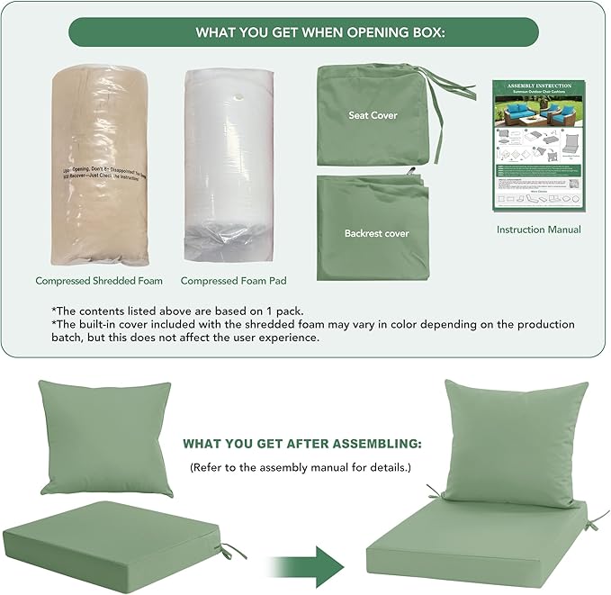 Outdoor Chair Cushions Set of 4, Waterproof Back Pillow and Seat Cushion Set for Patio Furniture, Outdoor Sofa Replacement Cushions with Removable Cover, 24 x 24 Inch, Sage Green
