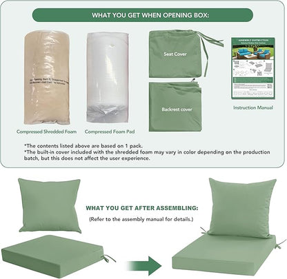 Outdoor Chair Cushions Set of 4, Waterproof Back Pillow and Seat Cushion Set for Patio Furniture, Outdoor Sofa Replacement Cushions with Removable Cover, 24 x 24 Inch, Sage Green