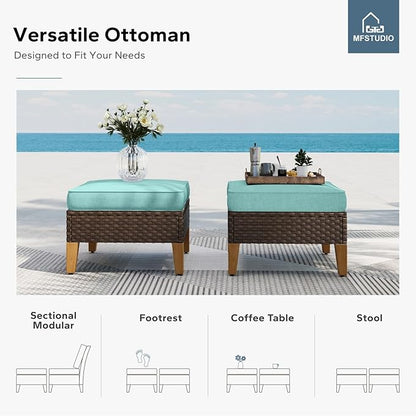 MFSTUDIO 7 Piece Extra Large Wicker Patio Furniture Set, 2 x Single Chair, 2 x Ottoman, 3-Seat Sofa, All-Weather Outdoor PE Rattan Patio Conversation Set for Garden, Backyard(Aqua Blue Cushions)