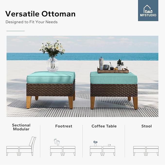 MFSTUDIO 9 Piece Extra Large Wicker Patio Furniture Set, 2 x Loveseat Sofa, 2 x Ottoman, 3-Seat Sofa, All-Weather Outdoor PE Rattan Patio Conversation Set for Garden, Backyard(Aqua Blue Cushions)