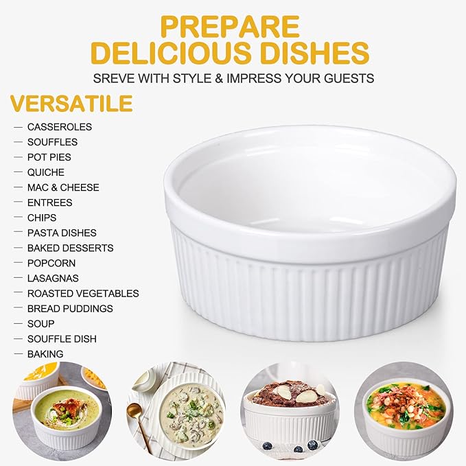Delling Large Ramekins 32 Oz Oven Safe/Soup Bowls, 1 Quart Serving Bowls Ceramic Round for Baking, Salad, Pasta, Creme Brulee, Souffle Dish, Pot Pie