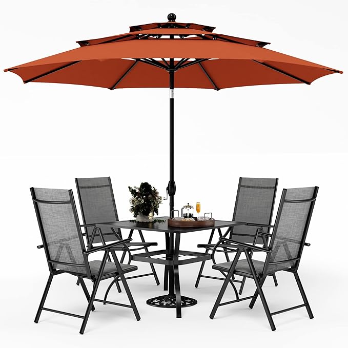 PHI VILLA Outdoor Dining Set with Umbrella for 4, Patio Dining Funiture Set with Metal Outdoor Table and Chairs Foldable with Adjustable Backrest
