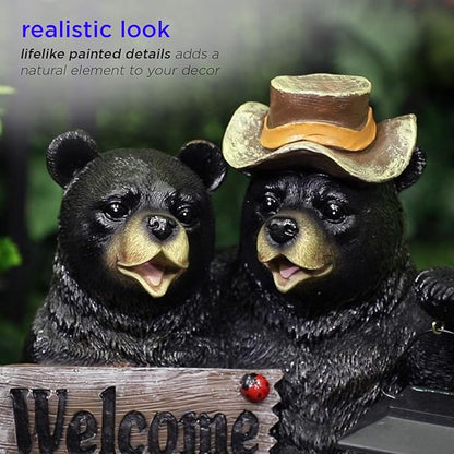 Alpine Corporation 15" H Outdoor Bear Couple with Lantern and Welcome Sign Statue with Solar LED Lights, Black