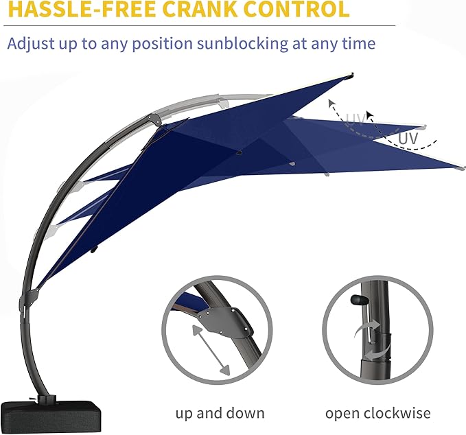 Kingdura 12ft Offset Cantilever Patio Umbrella with Base Included, Large Round Aluminum Outdoor Umbrella, 360° Rotation & Infinite Tilt, Heavy Duty Frame for Deck Pool Backyard, Navy blue