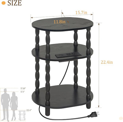 MaxSmeo Black Side Table with Charging Station, 3-Tier Small Oval End Table with USB Ports and Outlet, Modern Night Stand Wood Accent Table for Living Room, Bedroom, Black