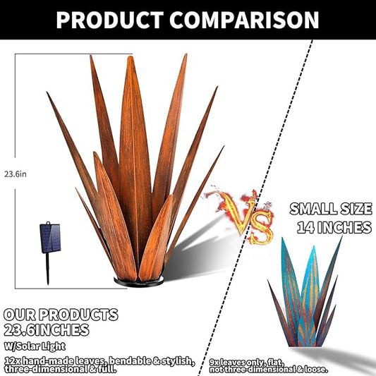 KODIBO Large Tequila Rustic Sculpture, Rustic Metal Agave Plants for Outdoor, Metal Agave Garden Yard Statue, Outdoor Lawn Ornaments Yard Stakes (Rusty - L (W/Solar Light))