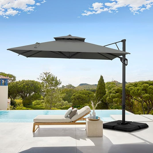 GREEN PARTY 10x10 ft Cantilever Patio Umbrella, Outdoor Offset Umbrellas with 360° Rotation, 5-Year-Non-Fading Hanging Pool Umbrella for Garden Deck Poolside - Grey
