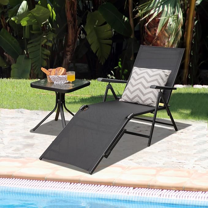 Tangkula Folding Lounge Chair Outdoor, Recliner Chaise Lounge with 5-Position Adjustable Backrest & 2-Position Footrest, No Assembly Required, Suitable for Patio Poolside Beach Yard (2, Black)