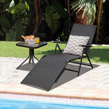 Tangkula Folding Lounge Chair Outdoor, Recliner Chaise Lounge with 5-Position Adjustable Backrest & 2-Position Footrest, No Assembly Required, Suitable for Patio Poolside Beach Yard (2, Black)