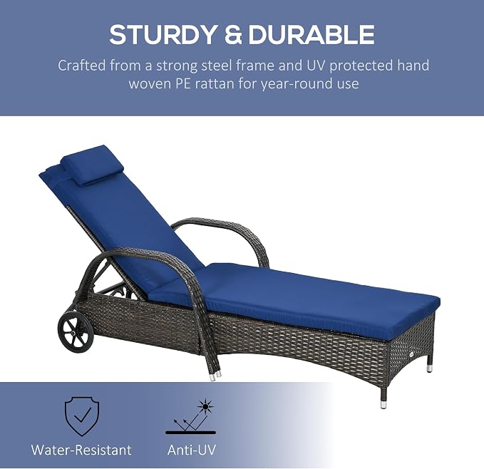 Outsunny Wicker Outdoor Chaise Lounge, 5-Level Adjustable Backrest PE Rattan Pool Lounge Chair with Wheels, Cushion & Headrest, Brown and Dark Blue