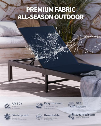Aluminum Lounge Chairs Outdoor Chaise Furniture,2 Sets Patio Metal Deck Lounger Adjustable 5-Position Poolside Chase Recliner with Wheels for Beach,Coffee Table, (NavyBlue, 2 Chair＋Table)