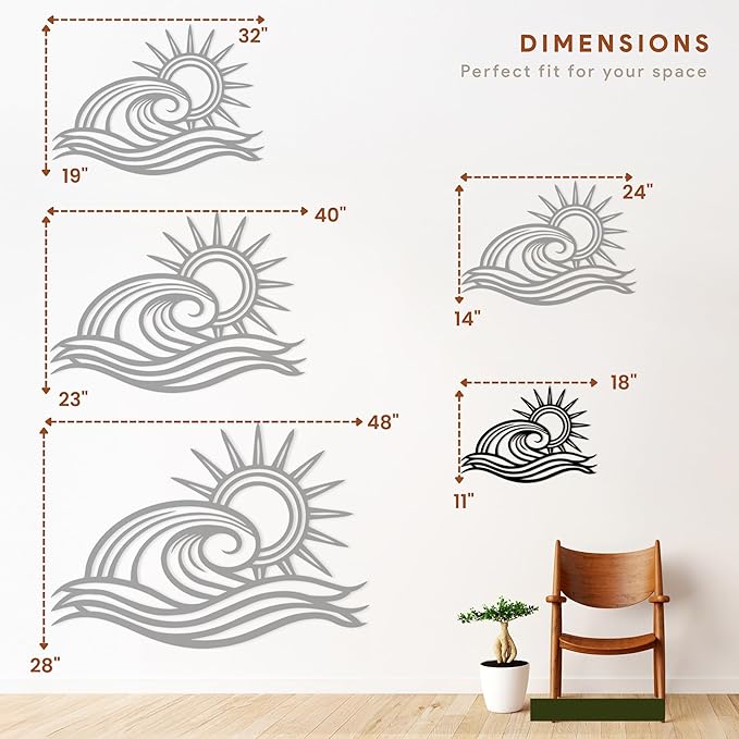 Wita Home Ocean Wave Metal Wall Art, Sun Beach Decor, Coastal Large Wall Sculpture for Home, Indoor/Outdoor Use, Nautical Wall Hanging, Eye-Catching Addition to Living Room (Black, 18 x 11 inches)