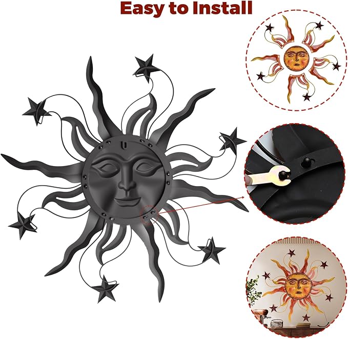 VESTCDF Metal Wall Art Decor Outdoor 30 inch Sun Wall Hanging Decoration for Graden 3D Sun Face Metal Wall for Living Room Garden Yard Patio(Star)