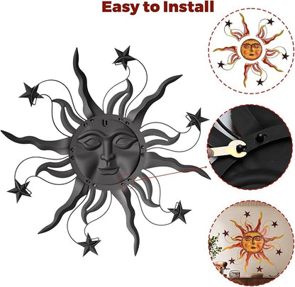 VESTCDF Metal Wall Art Decor Outdoor 30 inch Sun Wall Hanging Decoration for Graden 3D Sun Face Metal Wall for Living Room Garden Yard Patio(Star)