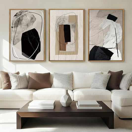 Anyzal Extra Large Abstract Neutral Framed Wall Art 24x36 Inch Black Modern Canvas Wall Decor Tan Grey Minimalist Artwork for Living Room Dining room Bedroom Set of 3