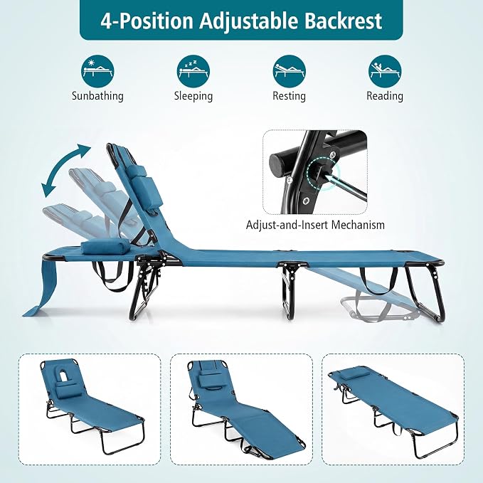 GYMAX Tanning Chair, 330lbs Beach Lounge Chair with Face Hole, Washable Pillow & Carry Strap, Adjustable Folding Chaise Lounge, Layout Lounger for Outside, Patio, Poolside, Lawn (1, Blue)