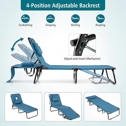 GYMAX Tanning Chair, 330lbs Beach Lounge Chair with Face Hole, Washable Pillow & Carry Strap, Adjustable Folding Chaise Lounge, Layout Lounger for Outside, Patio, Poolside, Lawn (1, Blue)