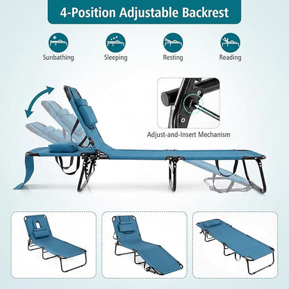 GYMAX Tanning Chair, Folding Lounge Chairs with Face Hole & Cover, Removable Pillow Carry Handle, Portable Compact Outdoor Layout Recliner for Beach, Poolside, Lawn, Patio, Camping (Blue,1)