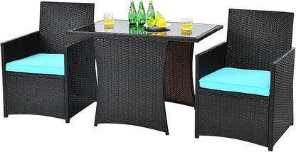 HAPPYGRILL 3PCS Outdoor Wicker Bistro Set PE Rattan Dining Table Set with Cushioned Chairs, Patio Conversation Set for Backyard Porch Garden and Poolside