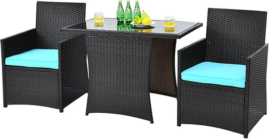 HAPPYGRILL 3PCS Outdoor Wicker Bistro Set PE Rattan Dining Table Set with Cushioned Chairs, Patio Conversation Set for Backyard Porch Garden and Poolside