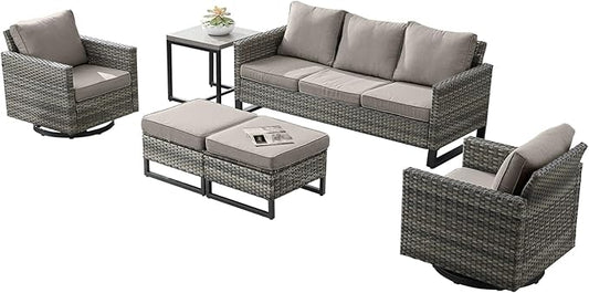 Wicker Outdoor Patio Furniture Set - 6 Piece Patio Conversation Set with 2 Swivel Rocker Chairs,2 Rattan Ottoman,1 Couch and 1 Metal Side Table for Outside Porch Deck Backyard(Mixed Grey/Grey)