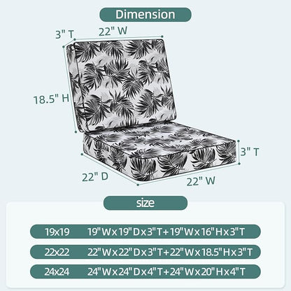Favoyard Deep Seat Patio Cushion 22 x 22 x 3 in Waterproof Seat & Back Cushion Set with Color Fade Resisitant Pattern, Portable Handle, Attach Straps, Zipper on Removable Cover for Outdoor Furniture