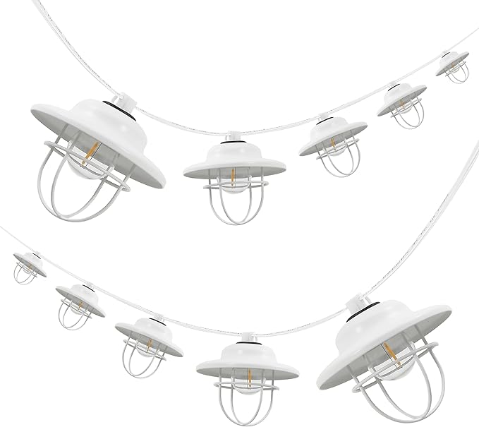 JONATHAN Y JYL8703B 10-Light Indoor/Outdoor 10 ft. Rustic Farmhouse Incandescent G40 Metal Cage Shade String Lights Contemporary, Transitional, Modern, Patio, Porch, Backyard, White