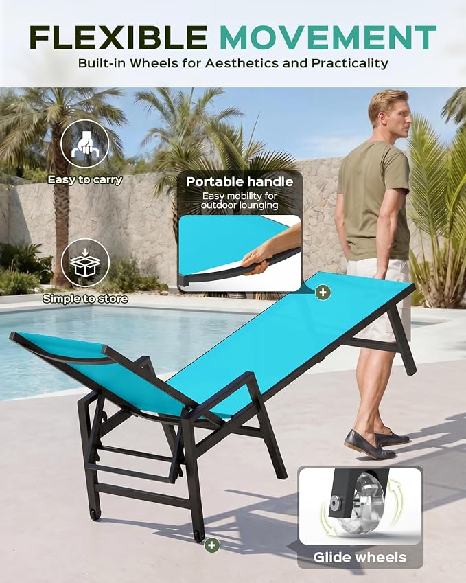 Vexwalx Patio Chaise Lounge Chair Outdoor with Wheels&Armrests, Aluminum Pool Lounge Chairs 5-Position Adjustable Recliner, Outdoor Beach Lounge Chairs for Outside, Patio, Deck, Yard, Lake Blue