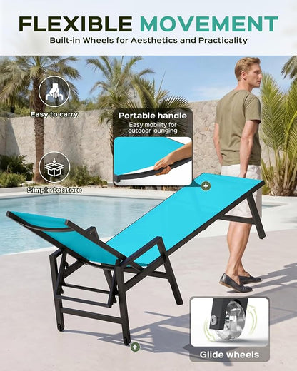 Patio Chaise Lounge Chair Outdoor with Wheels&Armrests, Aluminum Pool Lounge Chairs Set of 2 Five-Position Adjustable Recliner, Outdoor Beach Lounge Chairs for Outside, Patio, Deck, Yard, Lake Blue
