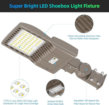 LED Parking Lot Light with Slip Fitter, UL DLC Listed, 5000K Shoebox Pole Light, IP65 Waterproof Commercial Street Area Lighting for Roadway/Driveway/Yard(240W,277-480V)