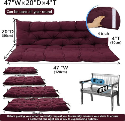 Outdoor Swing Cushions 3 Seater Waterproof, Replacement Bench Cushions for Outdoor Patio Furniture with Backrest, Porch Swing Cushion with Ties for Lawn and Garden (Wine red, 40x47in)
