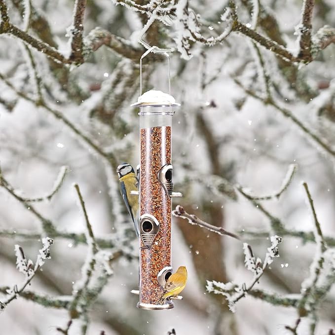 MIXXIDEA 1PK Metal Wild Bird Feeder,Squirrel Proof Bird Feeders for Outside,Hanging 6 Port Tube Bird Feeder Transparent Finch Bird Feeder for Attracting Birds in Your Lawn, Garden, Balcony-Bronze
