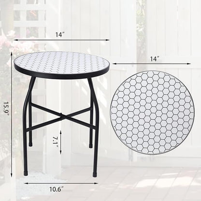 VCUTEKA Mosaic Outdoor Side Table, Round Rustproof Patio Table with 14" Ceramic Tile Top, Indoor Porch Accent Table for Yard, Garden, Living Room, Bistro Balcony, White