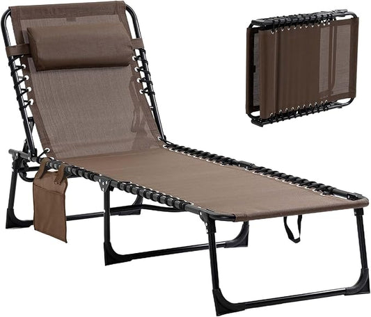 Portable Foldable Sun Tanning Chair, Heavy Duty Adjustable Folding Laying Out Chairs for Tanning, Beach Lounge Chairs for Adults for Outdoor Sunbathing Patio Pool Lawn Camping Deck (Brown)