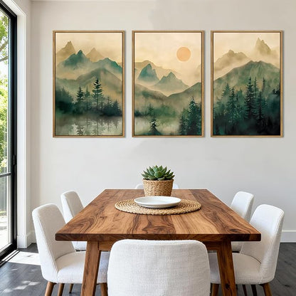 IARTTOP Large Mountain Framed Canvas Wall Art 16x24 Inch Green Foggy Forest Landscape Art Prints Set of 3 Nature woodland Landscape Wall Decor for Living Room Bedroom Office