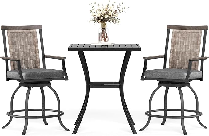MFSTUDIO 3-Piece Outdoor Bar Set with 2 Swivel Wicker Rattan Bar Chairs and 1 Metal Table, Outdoor Patio Counter Height Table and Chairs
