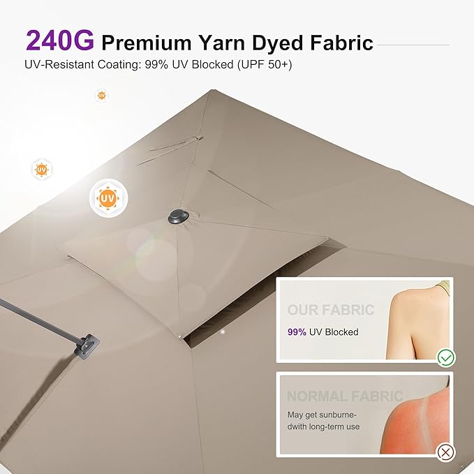PURPLE LEAF 12FT Cantilever Outdoor Umbrellas Large Patio Umbrella Hanging Double Top Square Offset Umbrella with 360°Rotation Tilting Umbrella Outdoor Patio, Taupe