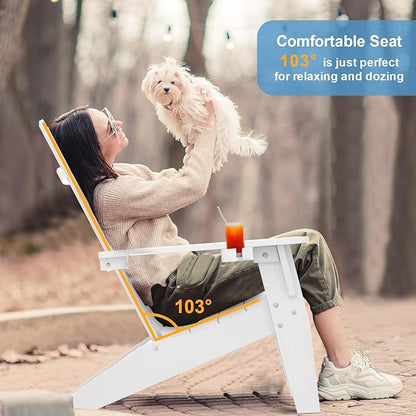 MXIMU Modern Adirondack Chair Weather Resistant with Cup Holder Oversized Fire Pit Chairs Adorondic Plastic Outdoor Chairs for Firepit Area Seating (White)