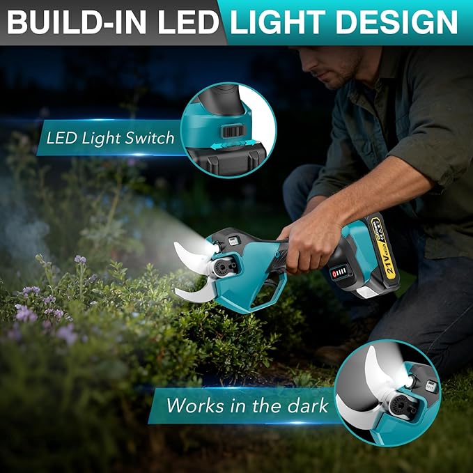 Electric Pruning Shears Cordless - Max 3.2inch Opening Diameter with LED Light & LCD Display, 1600W Brushless Heavy Duty Pruner, 4 Adjustable Size, SK5 Blades, 2 Batteries for Gardening Pruning