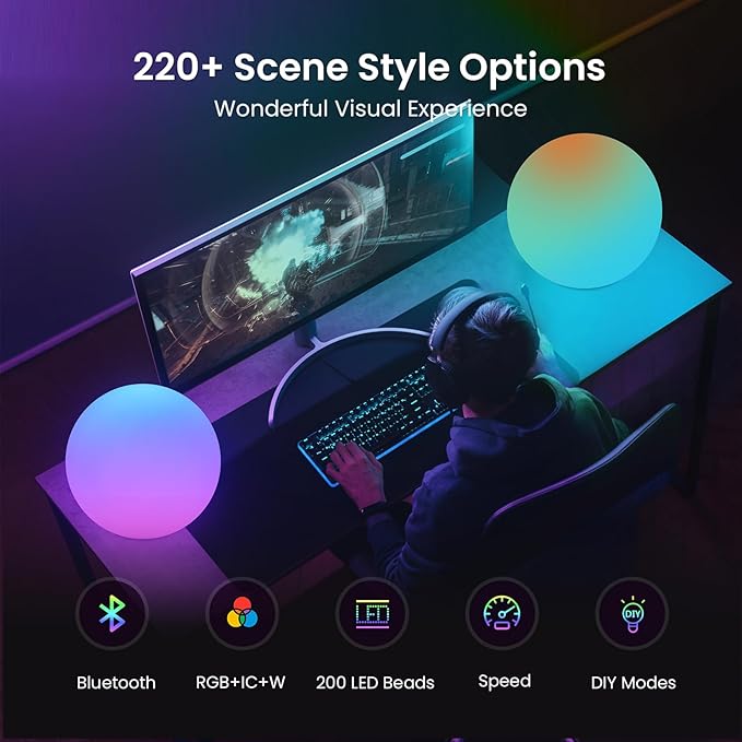 LOFTEK Color Changing Night Light, Smart LED Lamp with Bluetooth APP and Remote Control, 220 Scene Modes, 12-inch RGB Ball Mood Lighting for Living Room (Corded Electric)