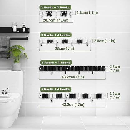 3 Racks and 4 Hooks Broom and Mop Holder Wall Mounted Garage Organizer Storage Tool Racks Stainless Steel Heavy Duty Hooks Self Adhesive Solid Non-slip Wall Hangers for Home Kitchen Garden Laundry